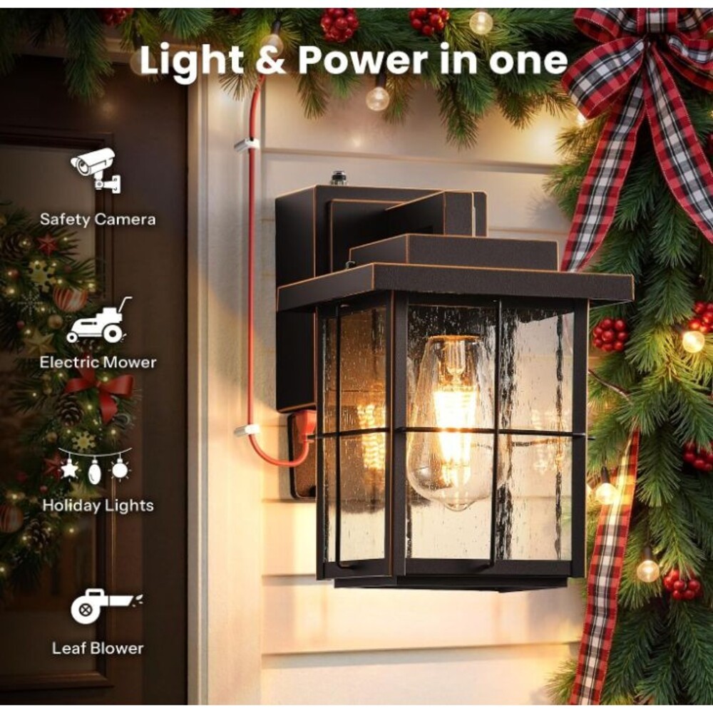Gleamz Outdoor Wall Light with GFCI Outlet – Dusk to Dawn Sensor – ORB Gold Trim - Picture 3 of 16